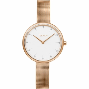 Obaku Women's Watch - Classic White Dial Rose Gold Case Steel Bracelet | V233LXVIMV