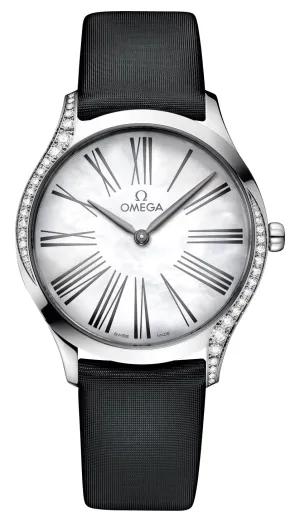 Omega De Ville Tresor Stainless Steel Mother-Of-Pearl Dial Black Satin Strap Diamonds Quartz Womens Watch 428.17.36.60.05.001