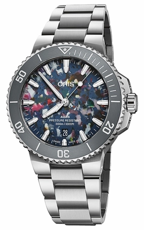 Oris Aquis Date Upcycle Automatic Stainless Steel Multicolored Dial Divers Mens Watch 733 7787 4150-07 8 22 04PEB