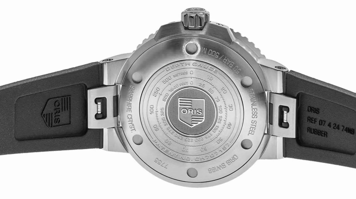 Oris Aquis Depth Gauge Automatic Stainless Steel Black Dial Black Rubber Strap Date Divers Mens Watch 733 7755 4154-Set RS