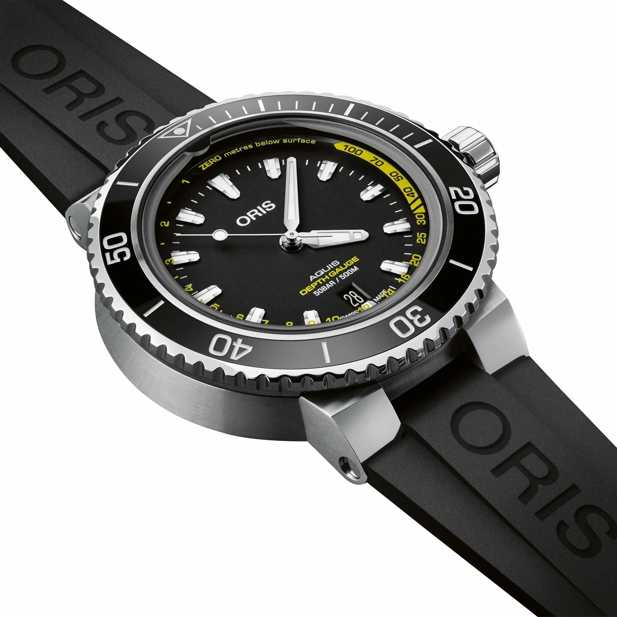 Oris Aquis Depth Gauge Automatic Stainless Steel Black Dial Black Rubber Strap Date Divers Mens Watch 733 7755 4154-Set RS