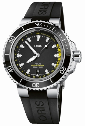 Oris Aquis Depth Gauge Automatic Stainless Steel Black Dial Black Rubber Strap Date Divers Mens Watch 733 7755 4154-Set RS