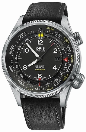 Oris Big Crown ProPilot Altimeter Automatic Stainless Steel Black Dial Black Leather Strap Date Mens Watch 733 7705 4134-Set 5 23 19FC