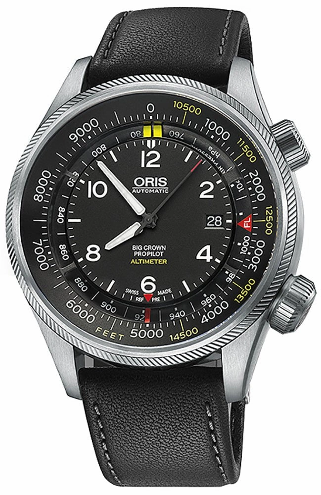 Oris Big Crown ProPilot Altimeter Automatic Stainless Steel Black Dial Black Leather Strap Date Mens Watch 733 7705 4134-Set 5 23 19FC