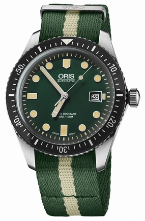 Oris Divers Sixty-Five Automatic Stainless Steel Green Dial Green/Beige Textile Strap Date Mens Watch 733 7720 4057-07 5 21 24FC