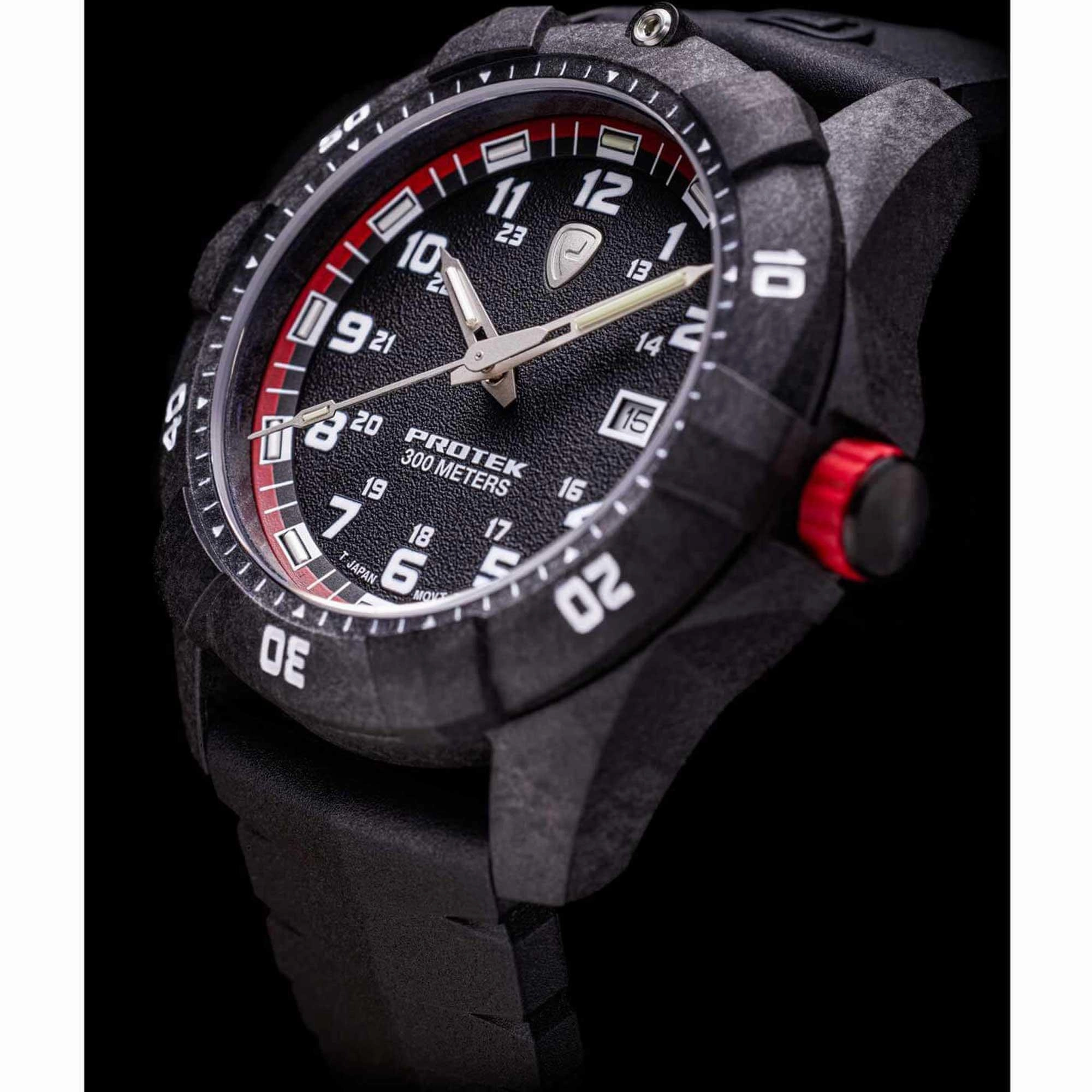Protek Unisex Quartz Watch - Dive Series Black and Red Dial Rotating Bezel | 1002