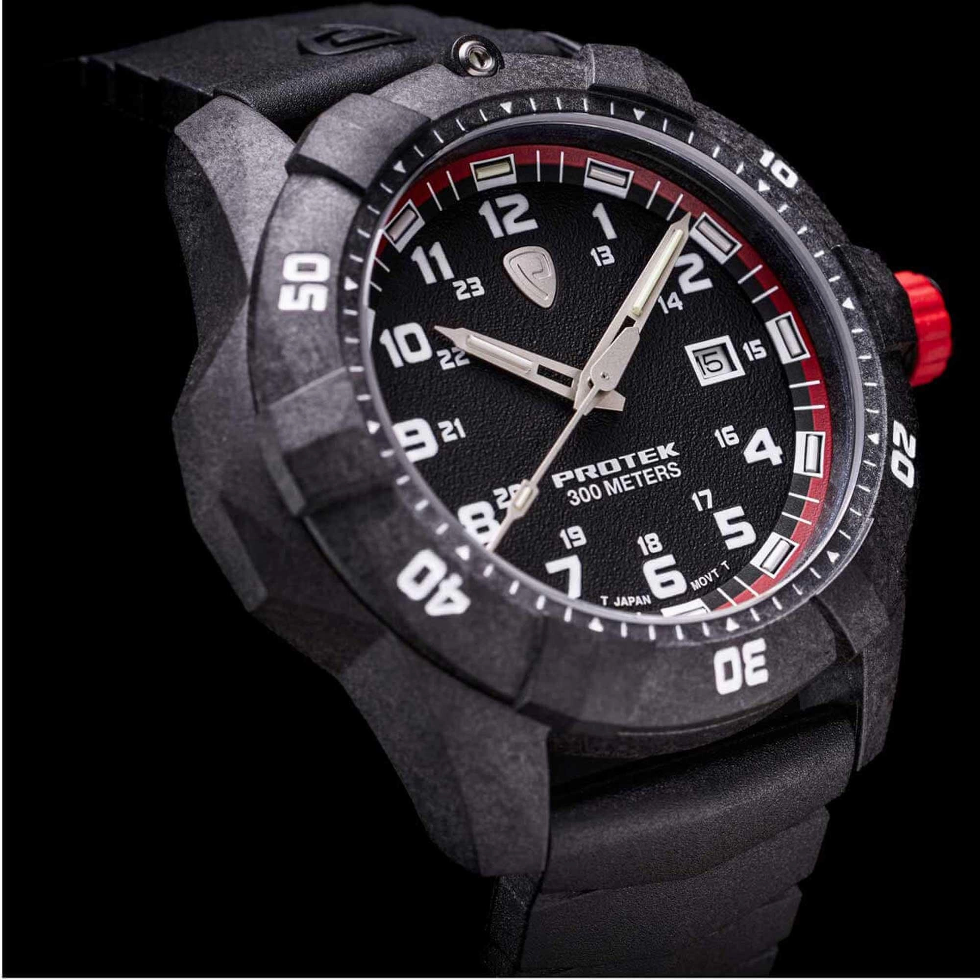 Protek Unisex Quartz Watch - Dive Series Black and Red Dial Rotating Bezel | 1002