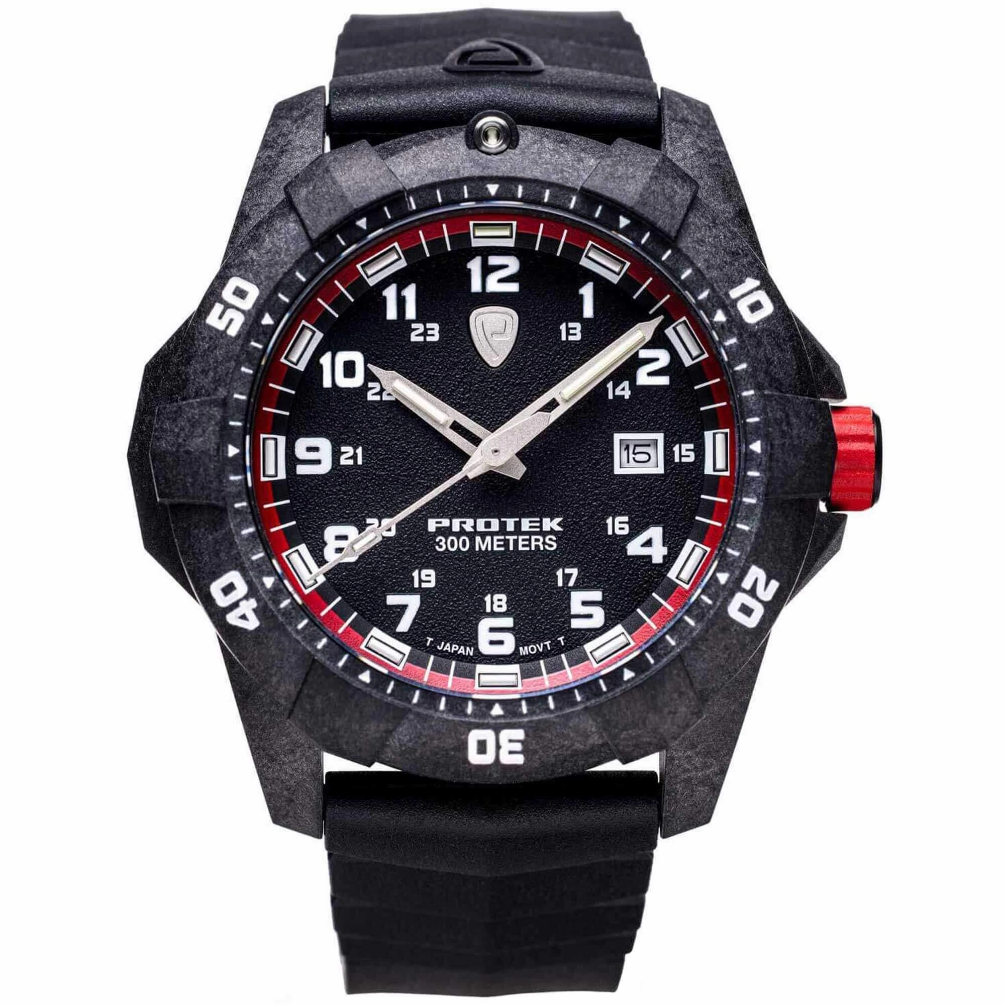 Protek Unisex Quartz Watch - Dive Series Black and Red Dial Rotating Bezel | 1002