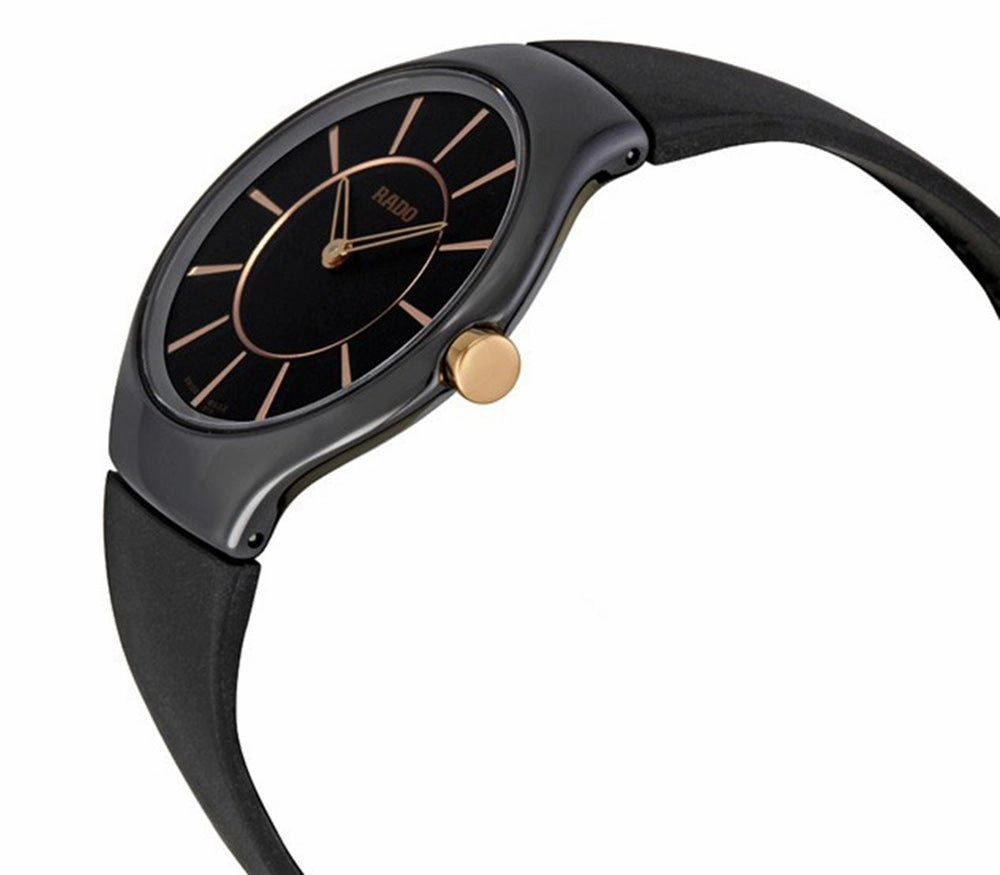 Rado Womens True Thinline R27742159 Analog Black Ceramic Case Rose Gold Hands Rubber Strap Swiss Quartz Watch