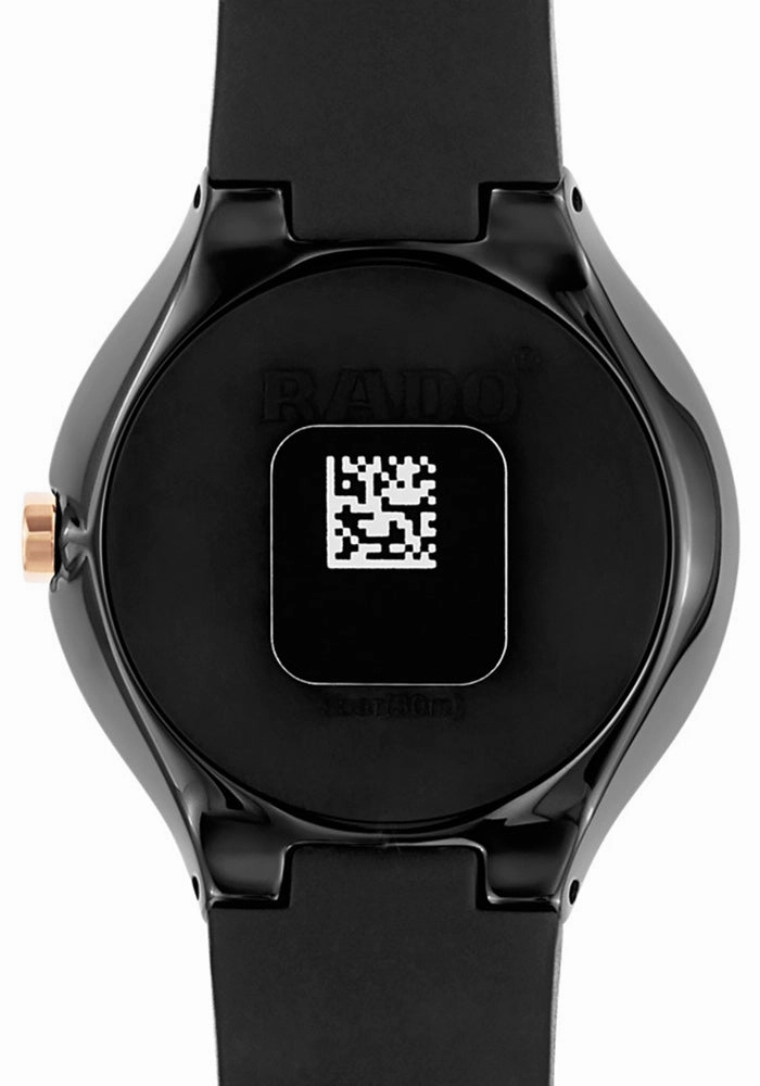 Rado Womens True Thinline R27742159 Analog Black Ceramic Case Rose Gold Hands Rubber Strap Swiss Quartz Watch