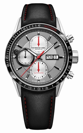 Raymond Weil Freelancer Automatic Chronograph Stainless Steel Grey Dial Black Leather Strap Day/Date Mens Watch 7731-SC1-65421