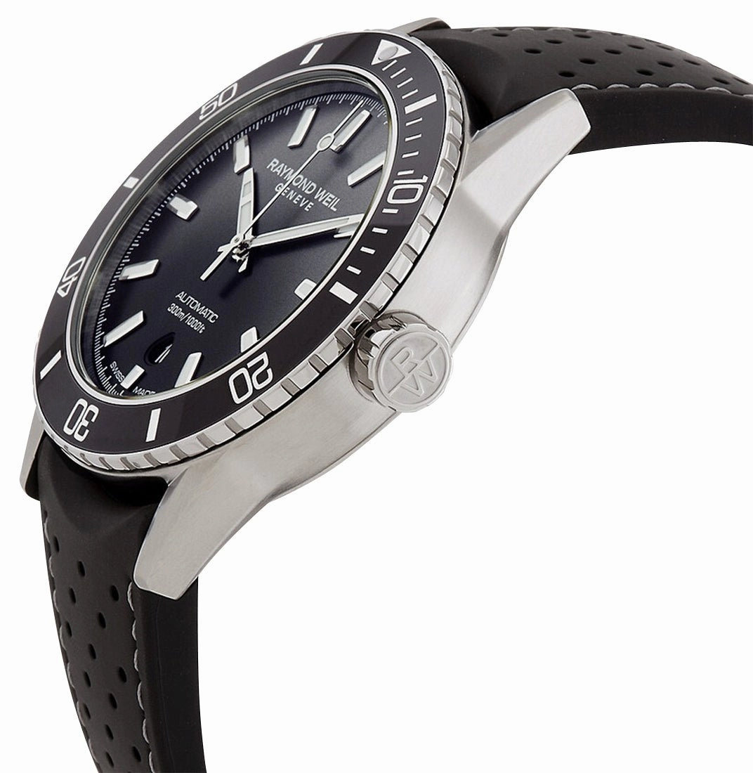 Raymond Weil Freelancer Automatic Stainless Steel Black Dial Black Rubber Strap Date Divers Mens Watch 2775-SR1-20051