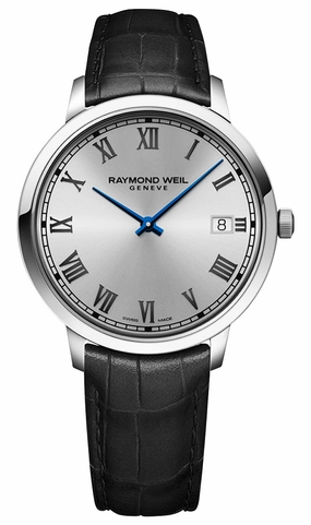 Raymond Weil Toccata Stainless Steel Silver Dial Black Leather Strap Date Quartz Mens Watch 5585-STC-00659