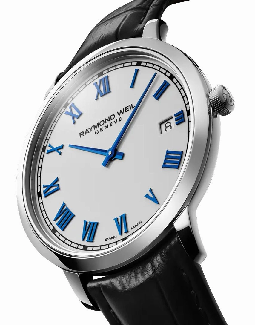 Raymond Weil Toccata Stainless Steel White Dial Black Leather Strap Date Quartz Mens Watch 5585-STC-00353