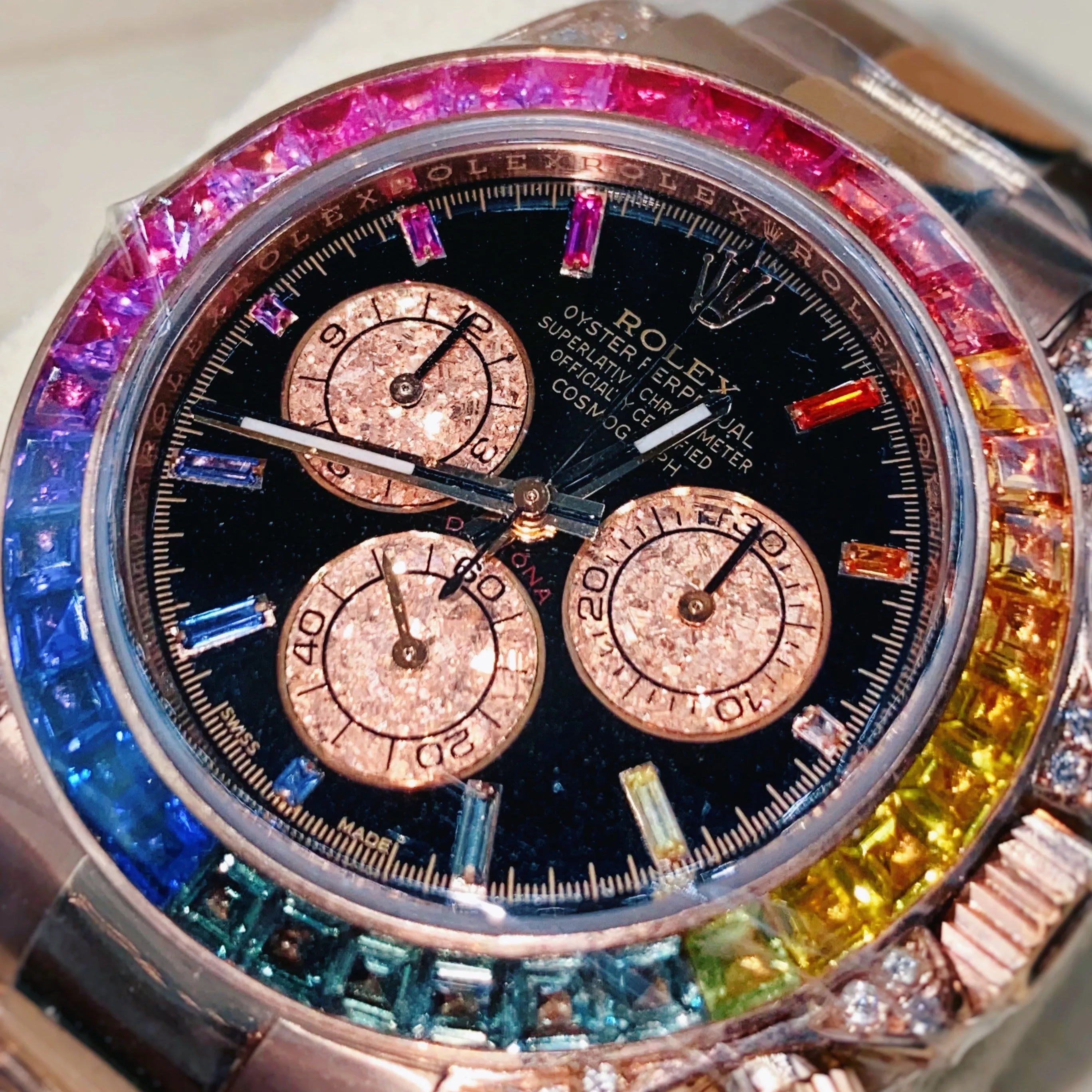 Rolex Cosmograph Daytona 40mm - Ref: 116505 bk - Aftermarket Black Sapphire Rainbow Dial & Bezel, 18K Yellow Gold Oyster Bracelet Men's Watch