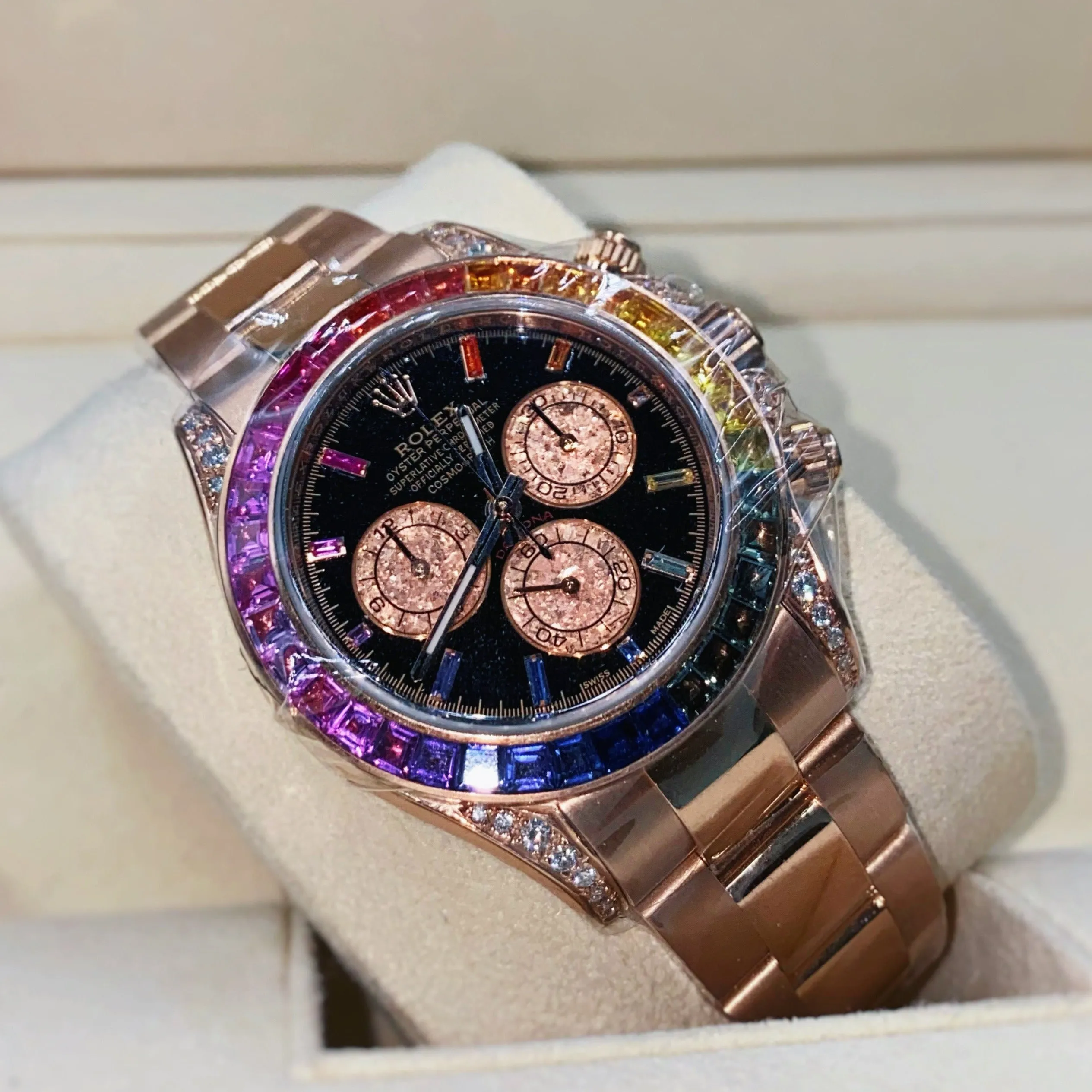 Rolex Cosmograph Daytona 40mm - Ref: 116505 bk - Aftermarket Black Sapphire Rainbow Dial & Bezel, 18K Yellow Gold Oyster Bracelet Men's Watch