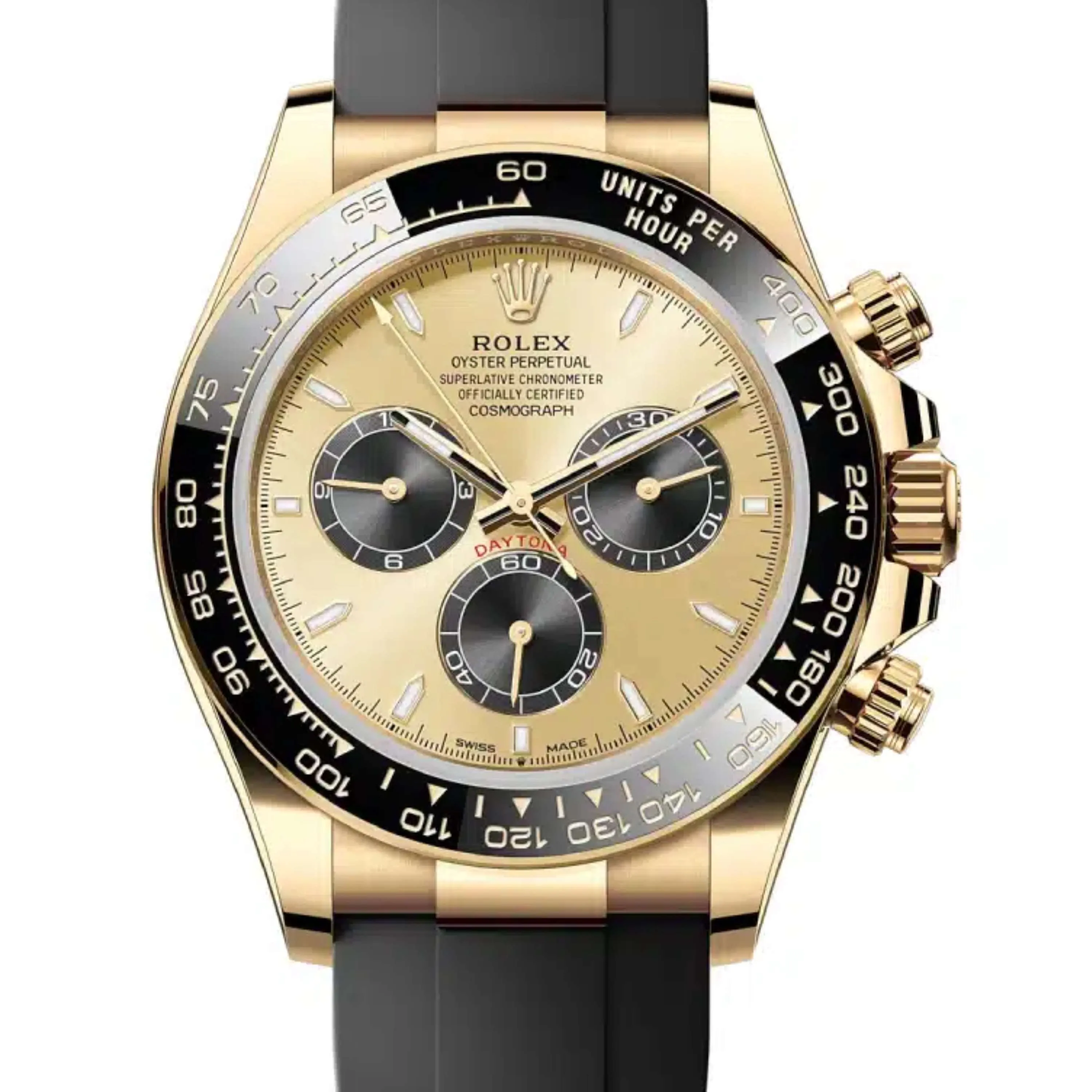 Rolex Cosmograph Daytona 40mm - Ref: 126518LN - Golden & Black Index Dial & Ceramic Bezel, 18K Yellow Gold Case Black Oysterflex Bracelet Men's Watch