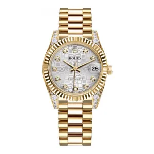 Rolex Datejust 31mm - Ref: 178238 sjdp - Silver Jubilee Dial, Diamond Case, 18K Yellow Gold President Bracelet Women's Watch