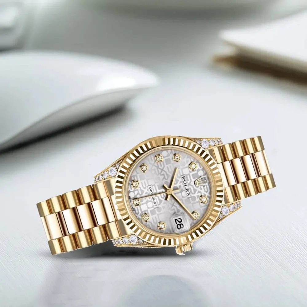 Rolex Datejust 31mm - Ref: 178238 sjdp - Silver Jubilee Dial, Diamond Case, 18K Yellow Gold President Bracelet Women's Watch