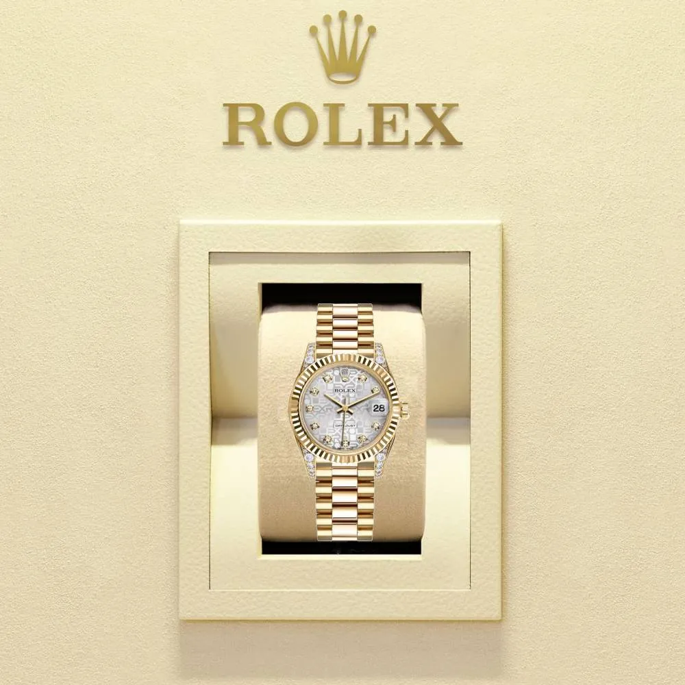 Rolex Datejust 31mm - Ref: 178238 sjdp - Silver Jubilee Dial, Diamond Case, 18K Yellow Gold President Bracelet Women's Watch