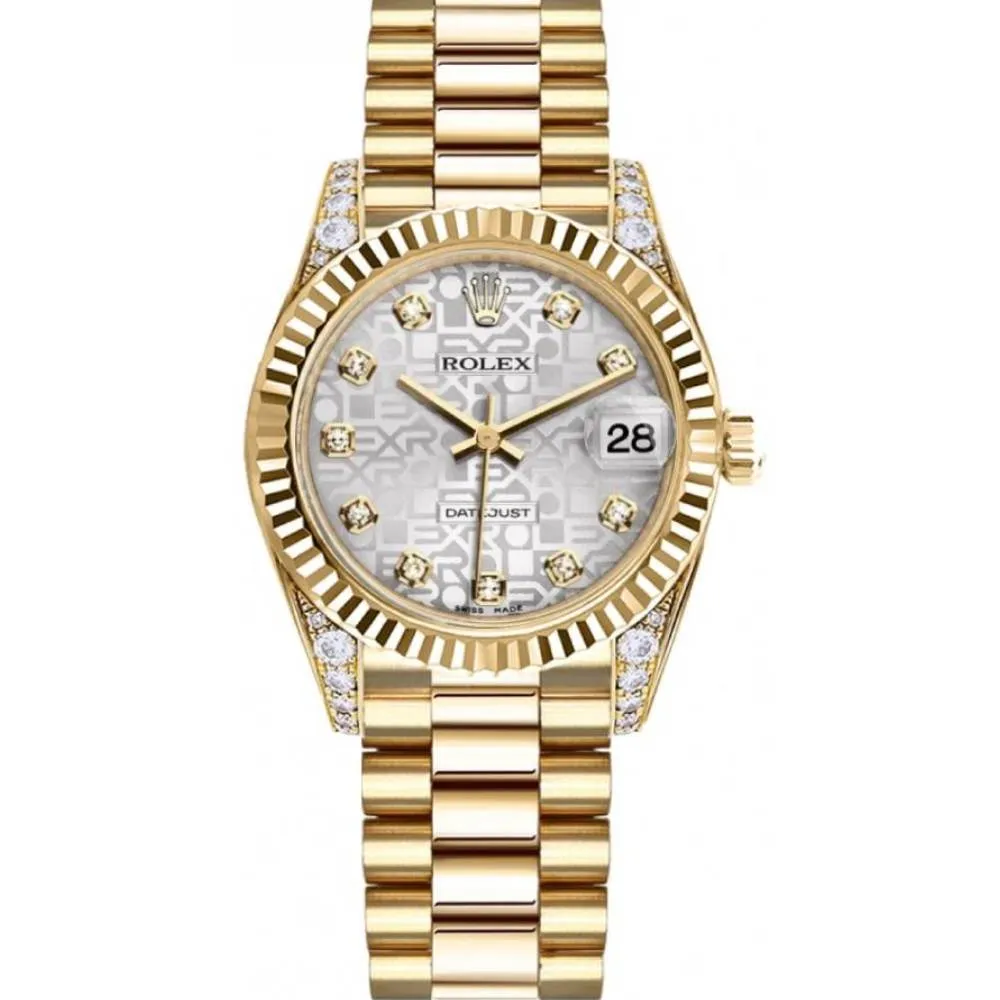 Rolex Datejust 31mm - Ref: 178238 sjdp - Silver Jubilee Dial, Diamond Case, 18K Yellow Gold President Bracelet Women's Watch