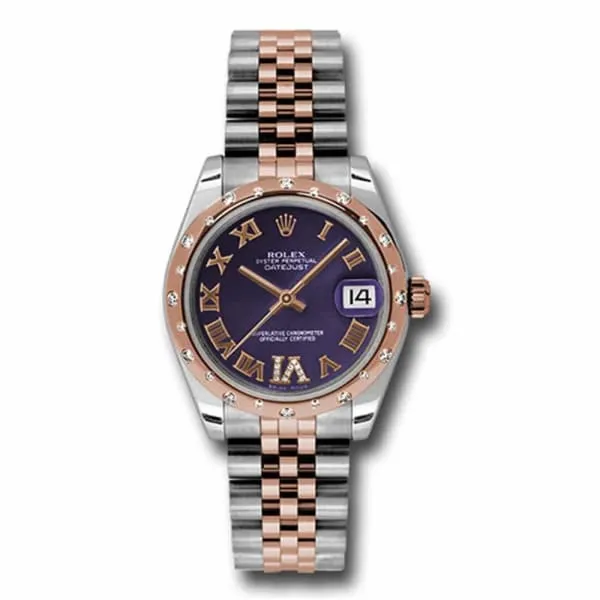 Rolex Datejust 31mm - Ref: 178341 pdrj - Purple Roman Dial & Diamond Bezel, Two Tone Stainless Steel & 18K Rose Gold Jubilee Bracelet Women's Watch