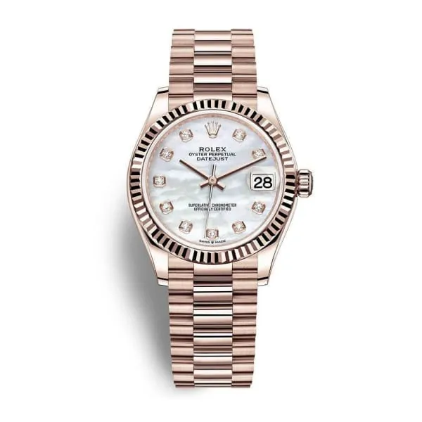 Rolex Datejust 31mm - Ref: 278275-0009 - White Mother of Pearl Diamond Dial, 18K Rose Gold President Bracelet Women's Watch