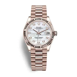 Rolex Datejust 31mm - Ref: 278275-0009 - White Mother of Pearl Diamond Dial, 18K Rose Gold President Bracelet Women's Watch