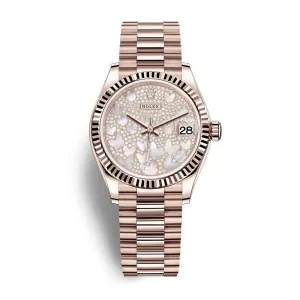 Rolex Datejust 31mm - Ref: 278275-0021 - Mother of Pearl Butterfly Diamond Pave Dial, 18K Rose Gold President Bracelet Women's Watch