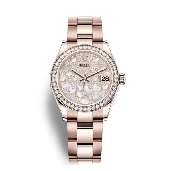 Rolex Datejust 31mm - Ref: 278285rbr-0009 - Mother of Pearl Butterfly Diamond Pave Dial & Diamond Bezel, 18K Rose Gold Oyster Bracelet Women's Watch