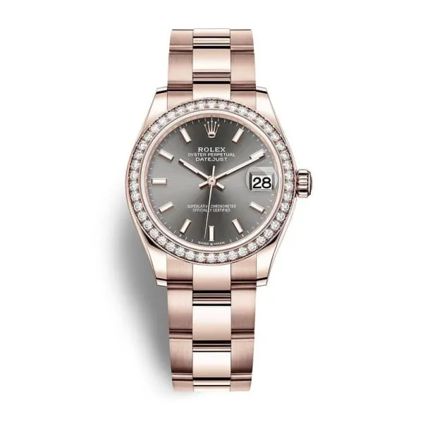 Rolex Datejust 31mm - Ref: 278285rbr-0020 - Dark Rhodium Stick Dial & Diamond Bezel, 18K Rose Gold Oyster Bracelet Women's Watch