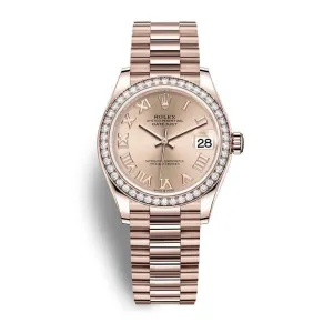 Rolex Datejust 31mm - Ref: 278285rbr-0029 - Rose Roman Dial & Diamond Bezel, 18K Rose Gold President Bracelet Women's Watch