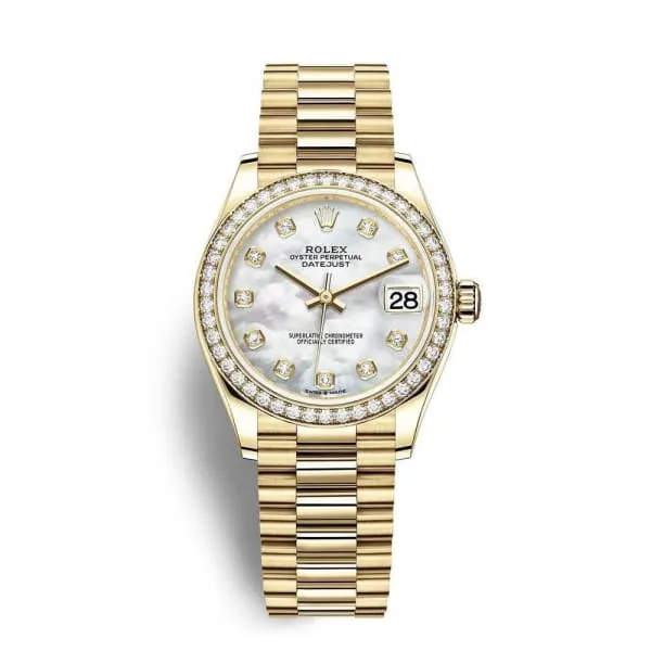 Rolex Datejust 31mm - Ref: 278288rbr-0006 - White Mother of Pearl Diamond Dial & Diamond Bezel, 18K Yellow Gold President Bracelet Women's Watch