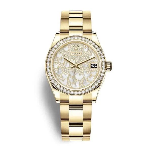 Rolex Datejust 31mm - Ref: 278288rbr-0010 - Mother of Pearl Butterfly Diamond Pave Dial, 18K Yellow Gold Oyster Bracelet Women's Watch