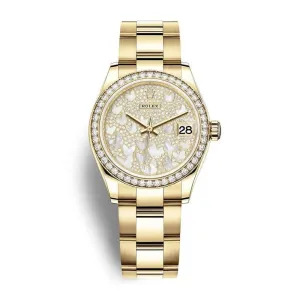 Rolex Datejust 31mm - Ref: 278288rbr-0010 - Mother of Pearl Butterfly Diamond Pave Dial, 18K Yellow Gold Oyster Bracelet Women's Watch