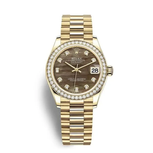 Rolex Datejust 31mm - Ref: 278288rbr-0032 - Black Mother of Pearl Diamond Dial & Diamond Bezel, 18K Yellow Gold Oyster Bracelet Women's Watch
