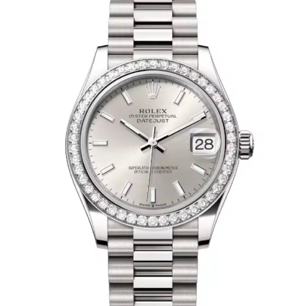 Rolex Datejust 31mm - Ref: 278289rbr-0012 - Silver Stick Dial & Diamond Bezel, 18K White Gold President Bracelet Women's Watch