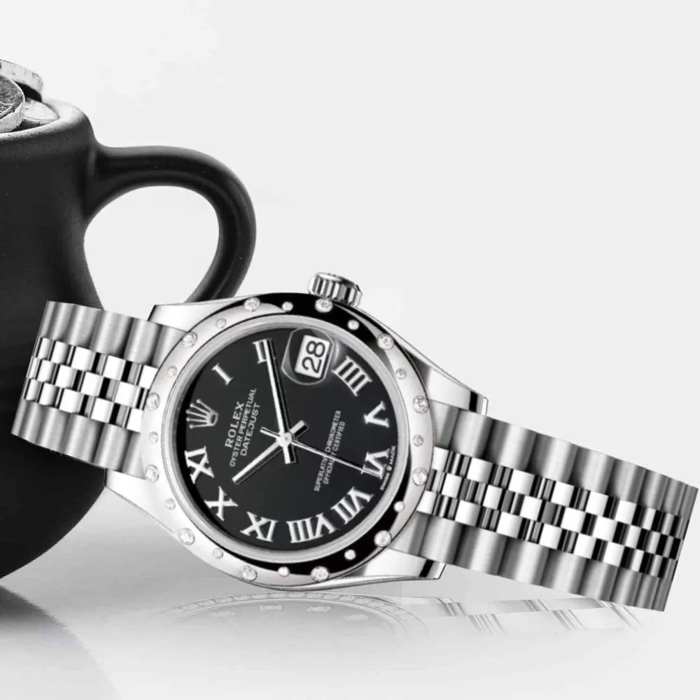 Rolex Datejust 31mm - Ref: 278344rbr-0002 - Black Roman Dial & Diamond Bezel, Stainless Steel Jubilee Bracelet Women's Watch