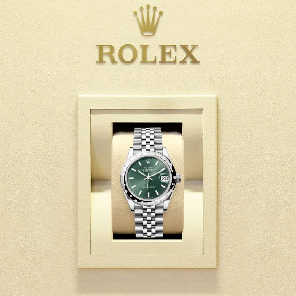 Rolex Datejust 31mm - Ref: 278344rbr-0020 - Mint Green Stick Dial & Diamond Bezel, Stainless Steel Jubilee Bracelet Women's Watch