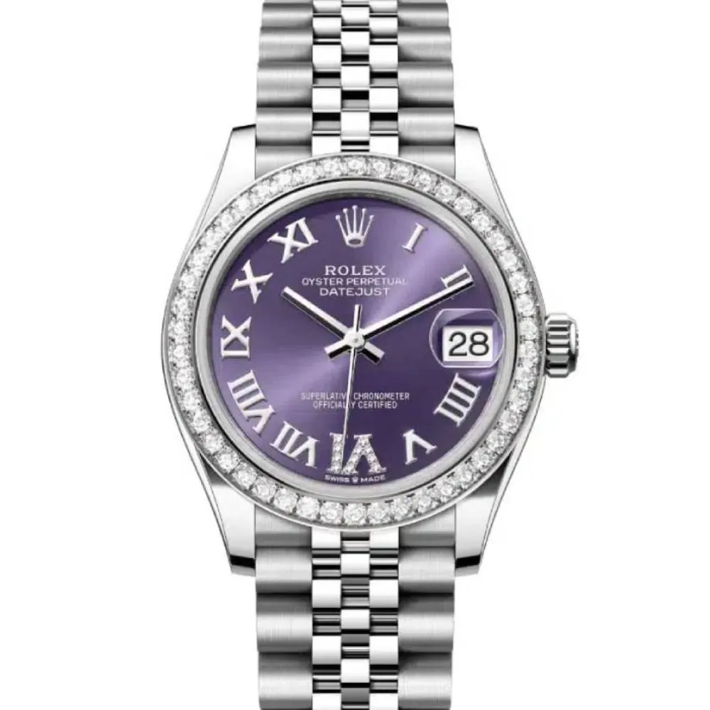 Rolex Datejust 31mm - Ref: 278384rbr-0030 - Aubergine Purple Roman Diamond Dial & Diamond Bezel, Stainless Steel Jubilee Bracelet Women's Watch