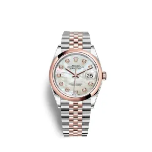 Rolex Datejust 36mm - Ref: 126201-0021 - White Mother of Pearl Diamond Dial, Two Tone Stainless Steel & 18K Rose Gold Jubilee Bracelet Watch