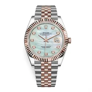 Rolex Datejust 41mm - Ref: 126331-0014 - White Mother of Pearl Diamond Dial, Two Tone Stainless Steel & 18K Rose Gold Jubilee Bracelet Men's Watch