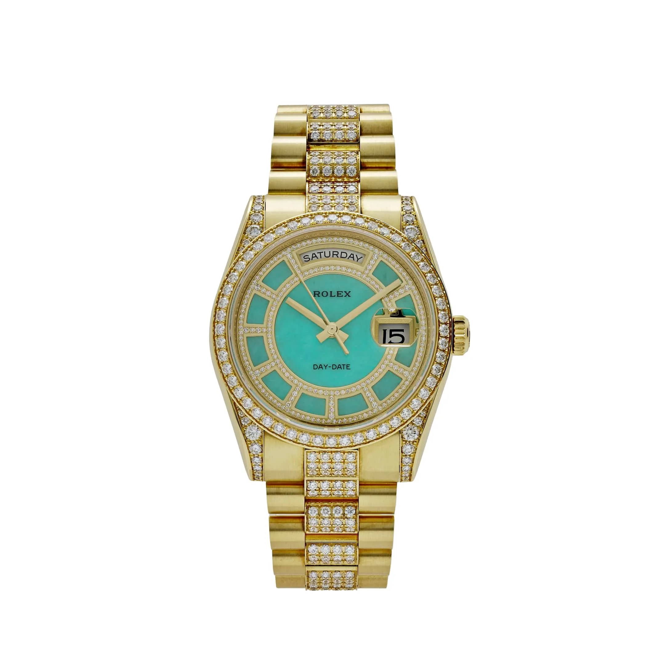 Rolex Day-Date 118388 Yellow Gold Jade Green Dial Diamond Pav 'Carousel'