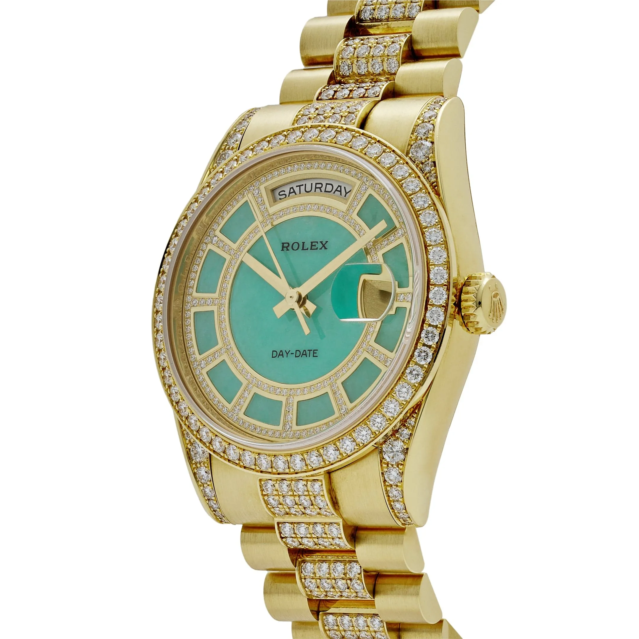 Rolex Day-Date 118388 Yellow Gold Jade Green Dial Diamond Pav 'Carousel'