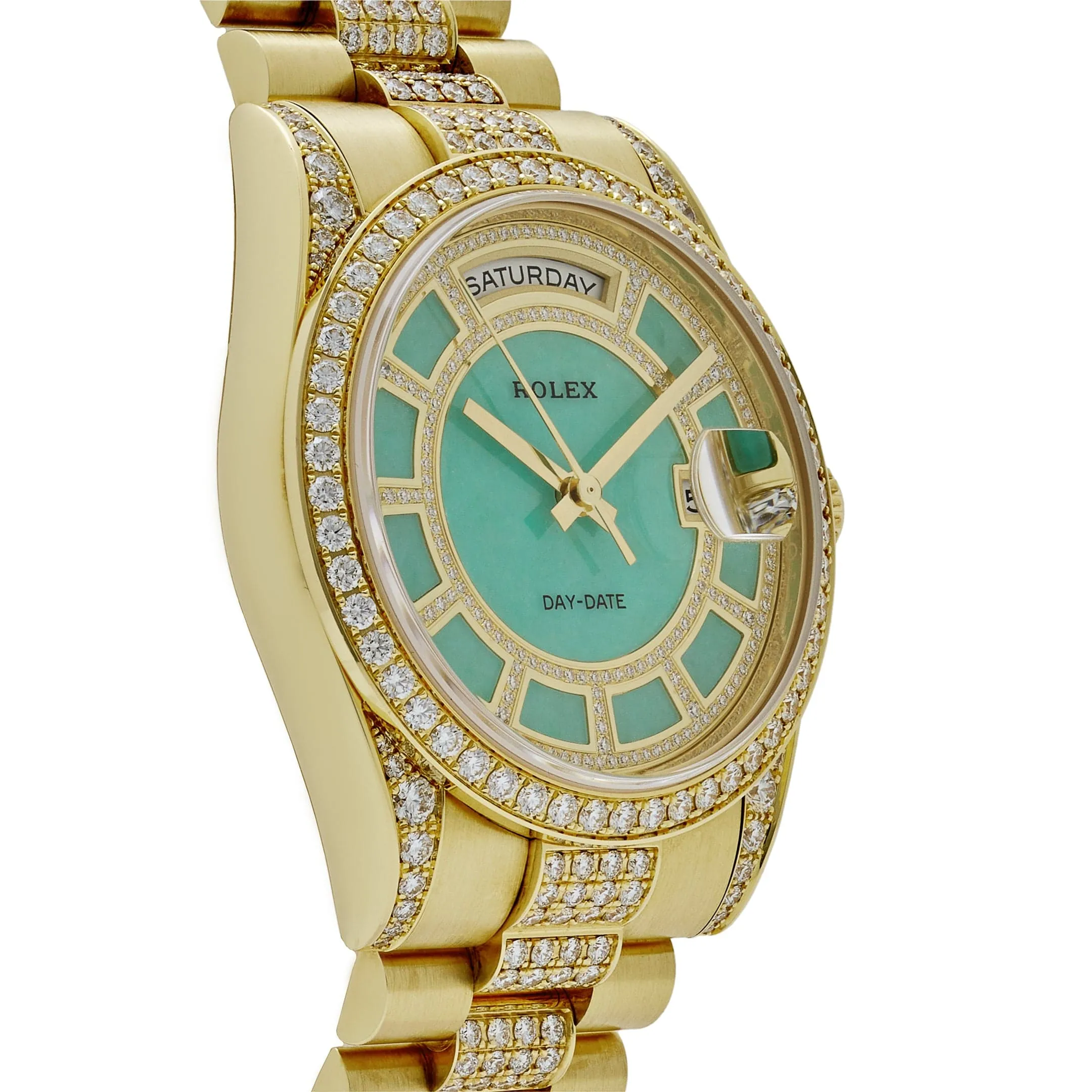 Rolex Day-Date 118388 Yellow Gold Jade Green Dial Diamond Pav 'Carousel'