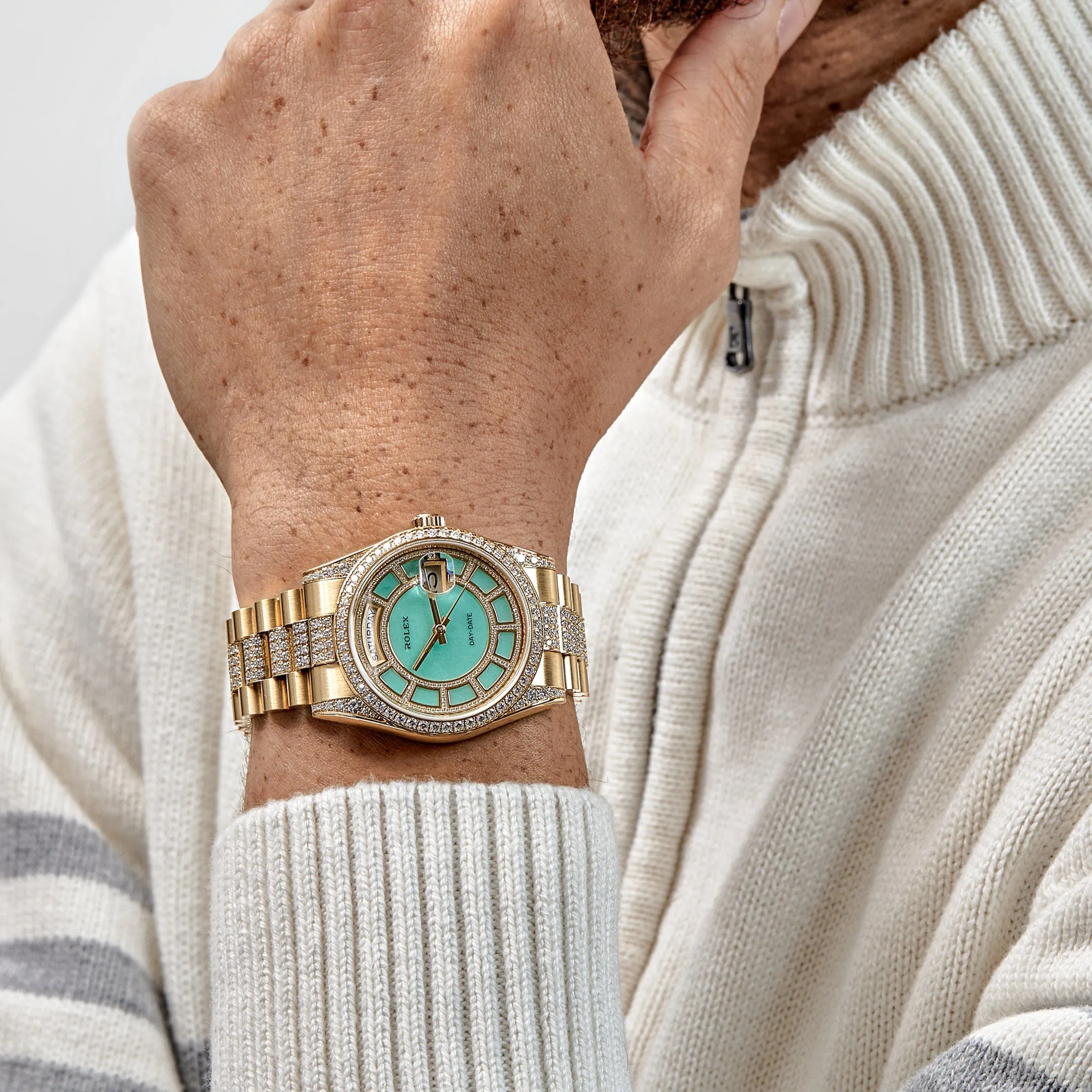 Rolex Day-Date 118388 Yellow Gold Jade Green Dial Diamond Pav 'Carousel'