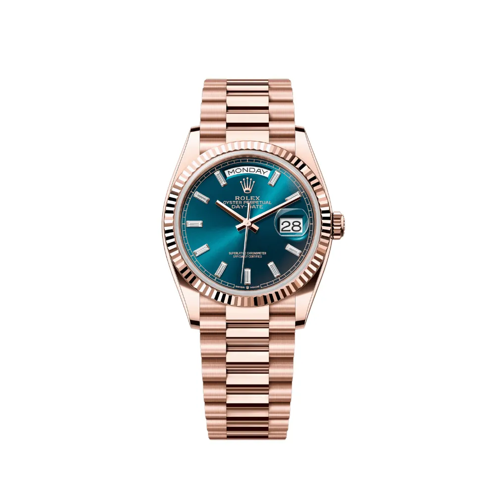 Rolex Day-Date 36 128235 Rose Gold Blue-Green Baguette Marker Dial