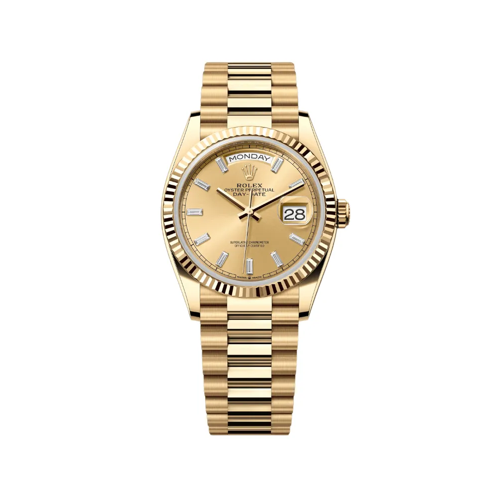 Rolex Day-Date 36 128238 Yellow Gold Champagne Baguette Diamond Marker Dial
