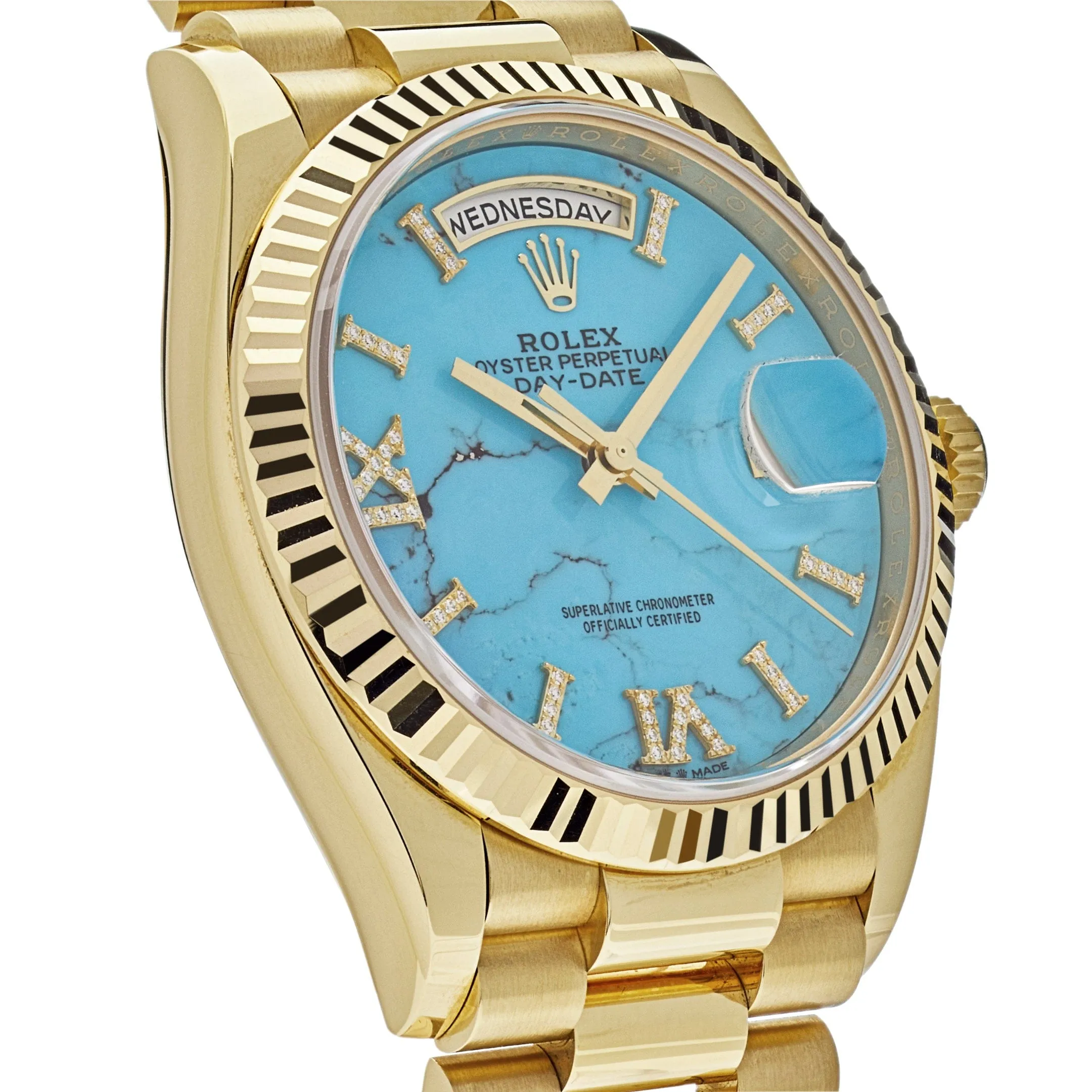Rolex Day-Date 36 128238 Yellow Gold Turquoise Diamond Dial