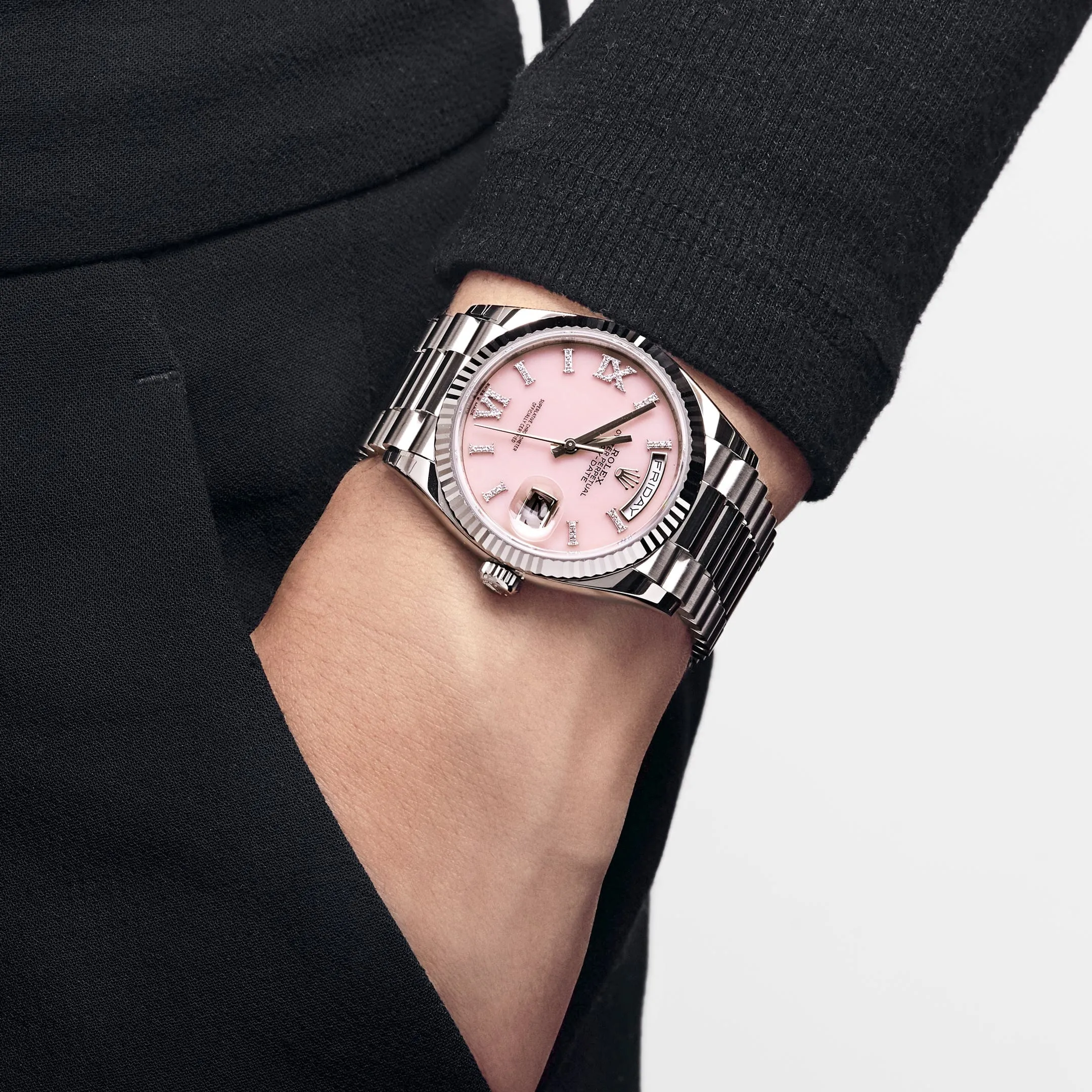 Rolex Day-Date 36 128239 White Gold Pink Opal Diamond Roman Numerals Dial